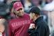 Coaches David Shaw (Stanford) and Mike Riley (Oregon State) wishing each other well.