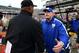 Nov 11, 2012; Cincinnati, OH, USA; Cincinnati Bengals head coach Marvin Lewis, left, shakes hands with New York Giants head coach Tom Coughlin following the game at Paul Brown Stadium. Cincinnati Bengals defeated New York Giants 31-13. Mandatory Credit: Andrew Weber-US PRESSWIRE