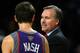 LOS ANGELES, CA - OCTOBER 31: Head coach Mike D'Antoni of the Phoenix Suns talks to Steve Nash #13 during the game against the Los Angeles Lakers on October 31, 2006 at Staples Center in Los Angeles, California. The Lakers won 114-106. NOTE TO USER: User expressly acknowledges and agrees that, by downloading and/or using this Photograph, user is consenting to the terms and conditions of the Getty Images License Agreement. (Photo by Jeff Gross/Getty Images)