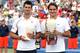 MASON, OH - AUGUST 19: Novak Djokovic of Serbia and Roger Federer of Switzerland pose for photographers after the trophy ceremony during the final of the Western & Southern Open at the Lindner Family Tennis Center on August 19, 2012 in Mason, Ohio. (Photo by Matthew Stockman/Getty Images)