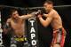 February 4, 2012; Las Vegas, NV, USA; UFC fighter Carlos Condit (left) fights against Nick Diaz (right) during UFC 143 at the Mandalay Bay Events Center. Carlos Codit defeated Nick Diaz. Mandatory Credit: Kelvin Kuo-US PRESSWIRE