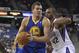 October 17, 2012; Sacramento, CA, USA; Golden State Warriors power forward David Lee (10) controls the ball against Sacramento Kings forward Chuck Hayes (42) during the first quarter at Sleep Train Arena. Mandatory Credit: Kelley L Cox-US PRESSWIRE