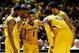 November 10, 2012; Columbia, MO, USA; Missouri Tigers guard Phil Pressey (1) talks with forward Alex Oriakhi (42) and forward Stefan Jankovic (35) and guard Keion Bell (5) and guard Negus Webster-Chan (14) before the start of the second half at Mizzou Arena. The Missouri Tigers defeated the SIU - Edwardsville Cougars 83-69. Mandatory Credit: Dak Dillon-US PRESSWIRE