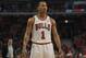 CHICAGO, IL - APRIL 28: Derrick Rose #1 of the Chicago Bulls waits for a free-throw against the Philadelphia 76ers in Game One of the Eastern Conference Quarterfinals during the 2012 NBA Playoffs at the United Center on April 28, 2012 in Chicago, Illinois. The Bulls defeated the 76ers 103-91. NOTE TO USER: User expressly acknowledges and agrees that, by downloading and or using this photograph, User is consenting to the terms and conditions of the Getty Images License Agreement. (Photo by Jonathan Daniel/Getty Images)