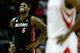 HOUSTON, TX - NOVEMBER 12: LeBron James #6 of the Miami Heat (L) waits alongside James Harden #13 of the Houston Rockets at the Toyota Center on November 12, 2012 in Houston, Texas. NOTE TO USER: User expressly acknowledges and agrees that, by downloading and or using this photograph, User is consenting to the terms and conditions of the Getty Images License Agreement. (Photo by Scott Halleran/Getty Images)