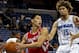 October 24, 2012; New Orleans, LA, USA; Houston Rockets point guard Jeremy Lin (7) drives past New Orleans Hornets center Robin Lopez (15) during the first quarter of a preseason game at the New Orleans Arena. Mandatory Credit: Derick E. Hingle-US PRESSWIRE