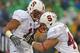 SOUTH BEND, IN - OCTOBER 13: A.J. Tarpley #17 of the Standford Cardinal (L) celebrates with teammate Chase Thomas #44 after Thomas recovered a fumble in the end zone for a touchdown against the Notre Dame Fighting Irish at Notre Dame Stadium on October 13, 2012 in South Bend, Indiana. (Photo by Jonathan Daniel/Getty Images)