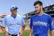 July 9, 2012; Kansas City, MO, USA; American League outfielder Mike Trout (left) of the Los Angeles Angels talks with National League outfielder Bryce Harper (right) of the Washington Nationals during practice for the 2012 All Star Game at Kauffman Stadium. Mandatory Credit: H. Darr Beiser-USA TODAY Sports via US PRESSWIRE