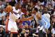 Nov. 3, 2012; Miami, FL, USA; Miami Heat shooting guard Dwyane Wade (3) is pressured by Denver Nuggets shooting guard Andre Iguodala (9) during the first half at American Airlines Arena. The Heat won 119-116. Mandatory Credit: Steve Mitchell-US PRESSWIRE