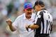 EAST RUTHERFORD, NJ - SEPTEMBER 9: Head coach Chan Gailey (L) of the Buffalo Bills disputes a call with head linesman Michael Bell during an NFL game against the New York Jets at MetLife Stadium on September 9, 2012 in East Rutherford, New Jersey. The Jets defeated the Bills 48-28. (Photo by Rich Schultz /Getty Images)