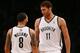 NEW YORK, NY - NOVEMBER 03: Brook Lopez #11 of the Brooklyn Nets speaks with teammate Deron Williams #8 during a game against the Toronto Raptors at the Barclays Center on November 3, 2012 in the Brooklyn borough of New York City. NOTE TO USER: User expressly acknowledges and agrees that, by downloading and/or using this photograph, user is consenting to the terms and conditions of the Getty Images License Agreement. (Photo by Alex Trautwig/Getty Images)