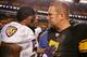 PITTSBURGH, PA - NOVEMBER 06: Ben Roethlisberger #7 of the Pittsburgh Steelers talks with Ray Lewis #52 of the Baltimore Ravens following the Ravens win on November 6, 2011 at Heinz Field in Pittsburgh, Pennsylvania. (Photo by Jared Wickerham/Getty Images)