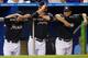 MIAMI, FL - JULY 27: Josh Johnson #55 and Mark Buehrle #56 iof the Miami Marlins watch the action from the dugout in the ninth inning during a game against the San Diego Padres at Marlins Park on July 27, 2012 in Miami, Florida. The Padres defeated the Marlins 7-2. (Photo by Sarah Glenn/Getty Images)