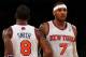 NEW YORK, NY - NOVEMBER 09: Carmelo Anthony #7 and J.R. Smith #8 of the New York Knicks celebrate a foul against the Dallas Mavericks on November 9, 2012 at Madison Square Garden in New York City.The New York Knicks defeated the Dallas Mavericks 104-94. NOTE TO USER: User expressly acknowledges and agrees that, by downloading and/or using this photograph, user is consenting to the terms and conditions of the Getty Images License Agreement. (Photo by Elsa/Getty Images)