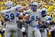 ANN ARBOR, MI - SEPTEMBER 08: Marcus Hendricks #85 of the Air Force Falcons celebrates scoring a third quarter two point conversion with Austin Briehl #29 at Michigan Stadium on September 8, 2012 in Ann Arbor, Michigan. (Photo by Gregory Shamus/Getty Images)