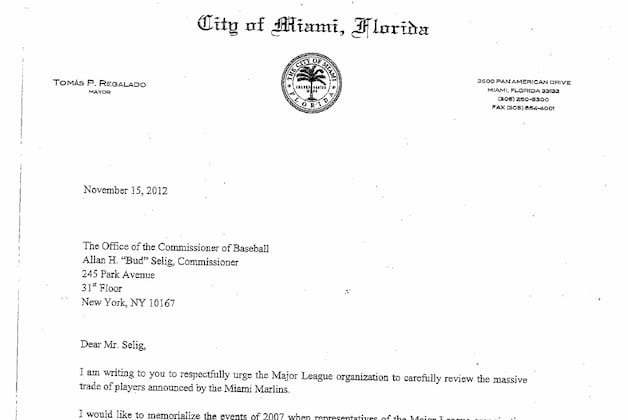 Mayor of Miami Writes Letter to Bud Selig Begging to Stop the Marlins Trade