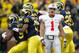 ANN ARBOR, MI - NOVEMBER 26: Courtney Avery #5 of the Michigan Wolverines celebrates a late fourth quarter interception in front of Dan Herron #1 of the Ohio State Buckeyes at Michigan Stadium on November 26, 2011 in Ann Arbor, Michigan. (Photo by Gregory Shamus/Getty Images)
