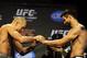 Nov 16, 2012; Montreal, QC, Canada; Georges St-Pierre (left) and Carlos Condit (right) shake hands during the weigh-in for UFC 154 at New City Gas. Mandatory Credit: Eric Bolte-US PRESSWIRE