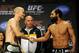 Nov 16, 2012; Montreal, QC, Canada; Martin Kampmann (left) and Johny Hendricks (right) shake hands while Dana White looks on during the weigh-in for UFC 154 at New City Gas. Mandatory Credit: Eric Bolte-US PRESSWIRE