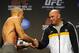 Nov 16, 2012; Montreal, QC, Canada; Georges St-Pierre shakes the hand of Dana White during the weigh-in for UFC 154 at New City Gas. Mandatory Credit: Eric Bolte-US PRESSWIRE
