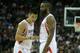 HOUSTON, TX - NOVEMBER 12: Jeremy Lin #7 (L) and James Harden #13 of the Houston Rockets react to a call against the Miami Heat at the Toyota Center on November 12, 2012 in Houston, Texas. NOTE TO USER: User expressly acknowledges and agrees that, by downloading and or using this photograph, User is consenting to the terms and conditions of the Getty Images License Agreement. (Photo by Scott Halleran/Getty Images)