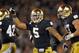 Sep 22, 2012; South Bend, IN, USA; Notre Dame Fighting Irish linebacker Manti Te'o (5) celebrates after an interception in the second quarter against the Michigan Wolverines at Notre Dame Stadium. Mandatory Credit: Matt Cashore-US PRESSWIRE