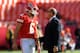 November 18, 2012; Kansas City, MO, USA; Kansas City Chiefs kicker Ryan Succop (6) talks with general manager Scott Pioli before the game against the Cincinnati Bengals at Arrowhead Stadium. Mandatory Credit: Denny Medley-US PRESSWIRE