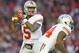 Nov 17, 2012; Madison, WI, USA; Ohio State Buckeyes quarterback Braxton Miller (5) drops back to pass during the third quarter against the Wisconsin Badgers at Camp Randall Stadium. Ohio State defeated Wisconsin 21-14 in overtime. Mandatory Credit: Jeff Hanisch-US PRESSWIRE