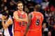 Nov. 14, 2012; Phoenix, AZ, USA; Chicago Bulls center Joakim Noah (13) congratulates teammate forward Luol Deng (9) during the game against the Phoenix Suns in the second half at US Airways Center. The Bulls defeated the Suns 112-106 in overtime. Mandatory Credit: Jennifer Stewart-US PRESSWIRE