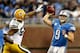 DETROIT, MI - NOVEMBER 18: Quarterback Matthew Stafford #12 of the Detroit throws under pressur by Brad Jones #59 of the Green Bay Packers at Ford Field on November 18, 2012 in Detroit, Michigan. (Photo by Matthew Stockman/Getty Images)