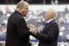 Nov 18, 2012; Arlington, TX, USA; Cleveland Browns general manager Mike Holmgren talks with Dallas Cowboys owner Jerry Jones before the game at Cowboys Stadium. Mandatory Credit: Tim Heitman-US PRESSWIRE