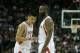 HOUSTON, TX - NOVEMBER 12: Jeremy Lin #7 (L) and James Harden #13 of the Houston Rockets react to a call against the Miami Heat at the Toyota Center on November 12, 2012 in Houston, Texas. NOTE TO USER: User expressly acknowledges and agrees that, by downloading and or using this photograph, User is consenting to the terms and conditions of the Getty Images License Agreement. (Photo by Scott Halleran/Getty Images)