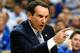 ATLANTA, GA - NOVEMBER 13: Head coach Mike Krzyzewski of the Duke Blue Devils reacts to one of his players against the Kentucky Wildcats during the 2012 State Farm Champions Classic at Georgia Dome on November 13, 2012 in Atlanta, Georgia. (Photo by Kevin C. Cox/Getty Images)