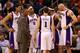 PHOENIX, AZ - NOVEMBER 14: (L-R) Luis Scola #14, head coach Alvin Gentry, Michael Beasley #0, Goran Dragic #1, Jared Dudley #3 and Marcin Gortat #4 of the Phoenix Suns during a break from the NBA game against the Chicago Bulls at US Airways Center on November 14, 2012 in Phoenix, Arizona. The Bulls defeated the Suns 112-106 in overtime. NOTE TO USER: User expressly acknowledges and agrees that, by downloading and or using this photograph, User is consenting to the terms and conditions of the Getty Images License Agreement. (Photo by Christian Petersen/Getty Images)