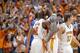 KNOXVILLE, TN - JANUARY 14: Jeronne Maymon #34 and Trae Golden #11 of the Tennessee Volunteers celebrate during the game against the Kentucky Wildcats at Thompson-Boling Arena on January 14, 2012 in Knoxville, Tennessee. Kentucky defeated Tennessee 65-62. (Photo by Joe Robbins/Getty Images)