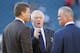 PHILADELPHIA, PA - NOVEMBER 11: Dallas Cowboys owner Jerry Jones, center, talks with broadcaster and former Cowboys quarterback Troy Aikman, left, and CEO, Stephen Jones, right, before the start of their game against the Philadelphia Eagles at Lincoln Financial Field on November 11, 2012 in Philadelphia, Pennsylvania. (Photo by Rich Schultz /Getty Images)