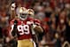 November 19, 2012; San Francisco, CA, USA; San Francisco 49ers outside linebacker Aldon Smith (99) is congratulated by outside linebacker Ahmad Brooks (55) after recording a sack against the Chicago Bears in the third quarter at Candlestick Park. The 49ers defeated the Bears 32-7. Mandatory Credit: Cary Edmondson-US PRESSWIRE