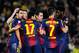 BARCELONA, SPAIN - NOVEMBER 17: Lionel Messi of FC Barcelona (2ndL) celebrates with his teammates after scoring his team's third goal during the La Liga match between FC Barcelona and Real Zaragoza at Camp Nou on November 17, 2012 in Barcelona, Spain. FC Barcelona won 3-1. (Photo by David Ramos/Getty Images)