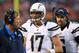 DENVER, CO - NOVEMBER 18: (L-R) Head coach Norv Turner of the San Diego Chargers talks to quarterback Philip Rivers #17 of the San Diego Chargers and quarterback Charlie Whitehurst #6 of the San Diego Chargers during a timeout against the Denver Broncos at Sports Authority Field at Mile High on November 18, 2012 in Denver, Colorado. The Broncos defeated the Chargers 30-23. (Photo by Doug Pensinger/Getty Images)