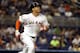 MIAMI, FL - SEPTEMBER 04: Giancarlo Stanton #27 of the Miami Marlins hits a home run against the Milwaukee Brewers at Marlins Park on September 4, 2012 in Miami, Florida. (Photo by Marc Serota/Getty Images)