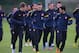 ST ALBANS, ENGLAND - NOVEMBER 20: Aaron Ramsey, Thomas Vermaelen and Mikel Arteta of Arsenal warm up during a training session at London Colney ahead of tomorrow's UEFA Champions League Group B match against Montpellier on November 20, 2012 in St Albans, England. (Photo by Mike Hewitt/Getty Images)