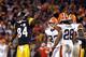 CLEVELAND, OH - JANUARY 01: Wide receiver Antonio Brown #84 of the Pittsburgh Steelers celebrates after a catch in front of defenders Joe Haden #23 and Usama Young #28 of the Cleveland Browns at Cleveland Browns Stadium on January 1, 2012 in Cleveland, Ohio. (Photo by Matt Sullivan/Getty Images)