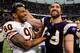 MINNEAPOLIS, MN - JANUARY 1: Julius Peppers #90 of the Chicago Bears and Jared Allen #69 of the Minnesota Vikings speak after their game on January 1, 2012 at Mall of America Field at the Hubert H. Humphrey Metrodome in Minneapolis, Minnesota. The Bears defeated the Vikings 17-13. (Photo by Hannah Foslien/Getty Images)