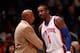 NEW YORK, NY - MAY 06: Amare Stoudemire #1 and head coach Mike Woodson of the New York Knicks talk on court against the Miami Heat in Game Four of the Eastern Conference Quarterfinals in the 2012 NBA Playoffs on May 6, 2012 at Madison Square Garden in New York City. NOTE TO USER: User expressly acknowledges and agrees that, by downloading and or using this photograph, User is consenting to the terms and conditions of the Getty Images License Agreement (Photo by Jeff Zelevansky/Getty Images)