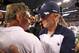 Sep 26, 2011; Arlington, TX, USA; Dallas Cowboys head coach Jason Garrett meets with Washington Redskins head coach Mike Shanahan at the end of the game at Cowboys Stadium. The Cowboys beat the Redskins 18-16. Mandatory Credit: Matthew Emmons-US PRESSWIRE