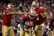 November 19, 2012; San Francisco, CA, USA; San Francisco 49ers tight end Vernon Davis (85) is congratulated by quarterback Colin Kaepernick (7) and guard Alex Boone (75) after catching a touchdown pass against the Chicago Bears in the first quarter at Candlestick Park. Mandatory Credit: Cary Edmondson-US PRESSWIRE