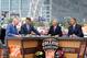 Sep 1, 2012; Arlington, TX, USA; Dallas Cowboys owner Jerry Jones (far left) on the set of ESPN College Gameday with Chris Fowler (second to left) and Lee Corso (second to right) and Kirk Herbstreit (far right) before the game between the Alabama Crimson Tide and the Michigan Wolverines at Cowboys Stadium. Mandatory Credit: Kevin Jairaj-US PRESSWIRE