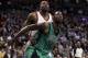 BOSTON, MA - JANUARY 16: Kevin Garnett #5 of the Boston Celtics boxes out Kendrick Perkins #5 of the Oklahoma City Thunder on January 16, 2012 at TD Garden in Boston, Massachusetts. The Oklahoma City Thunder defeated the Boston Celtics 97-88. NOTE TO USER: User expressly acknowledges and agrees that, by downloading and or using this photograph, User is consenting to the terms and conditions of the Getty Images License Agreement. (Photo by Elsa/Getty Images)