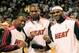 MIAMI, FL - OCTOBER 30: (L) Dwyane Wade #3 of the Miami Heat, (C) Chris Bosh #1 of the Miami Heat and (R) LeBron James #6 of the Miami Heat pose with their 2012 NBA Championship rings prior to the game against the Boston Celtics at American Airlines Arena on October 30, 2012 in Miami, Florida. (Photo by Chris Trotman/Getty Images) NOTE TO USER: User expressly acknowledges and agrees that, by downloading and/or using this Photograph, user is consenting to the terms and conditions of the Getty Images License Agreement. (Photo by Chris Trotman/Getty Images)