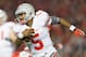 Nov 17, 2012; Madison, WI, USA; Ohio State Buckeyes quarterback Braxton Miller (5) during the game against the Wisconsin Badgers at Camp Randall Stadium. Ohio State defeated Wisconsin 21-14 in overtime. Mandatory Credit: Jeff Hanisch-US PRESSWIRE